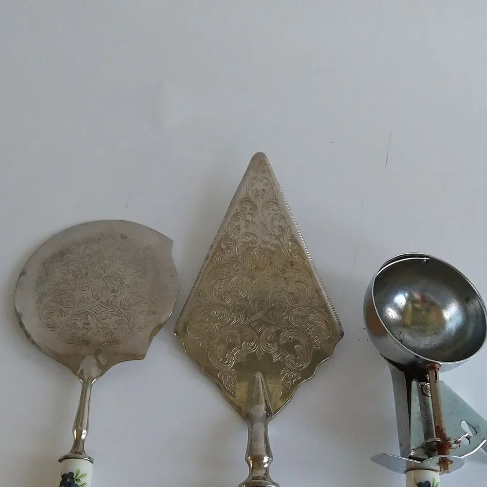 Vintage Raimond Silver Plate Serving Set Porcelain Floral Cake Ice Cream Cheese